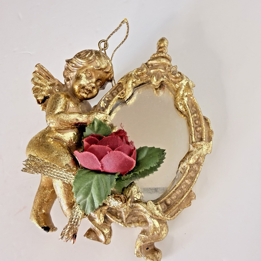 Vintage Gold Cherub Angel Holding Framed Mirror Ornament Victorian